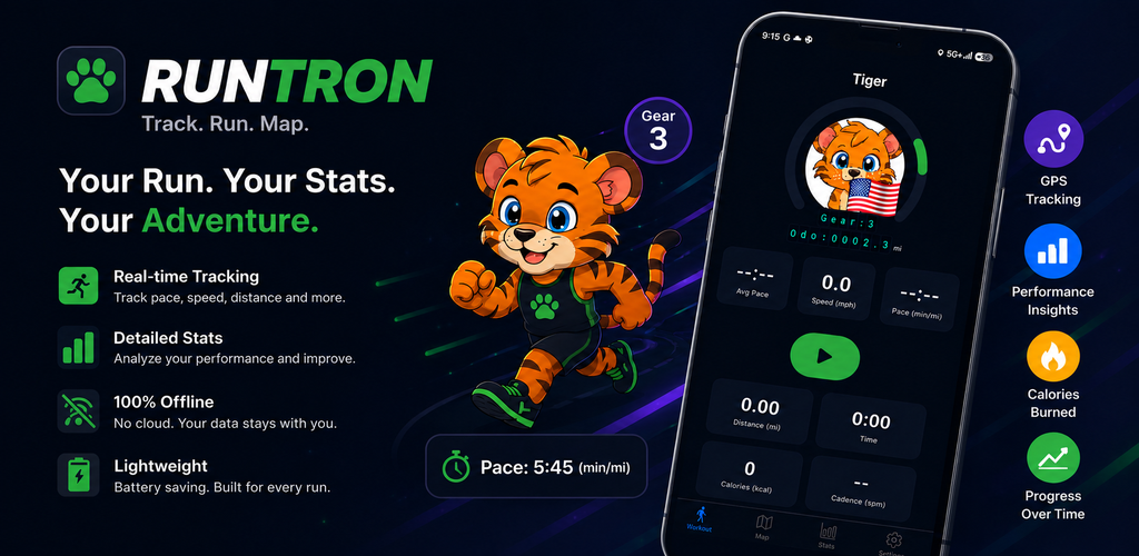 Runtron app screenshot showing live pace, distance and workout stats on a running route